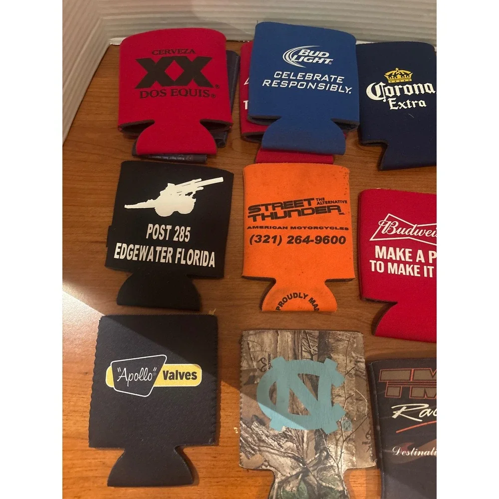 Lot of 15 Vintage Beer Soda Can Coolers Koozies Bud Light Corona Modelo UNC Camo